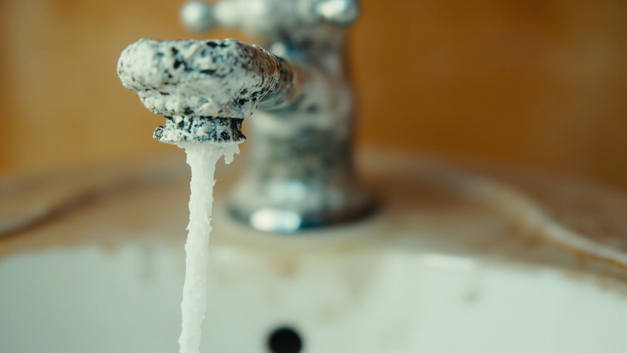 white calcium and magnesium mineral scale buildup around the base of a chrome bathroom faucet