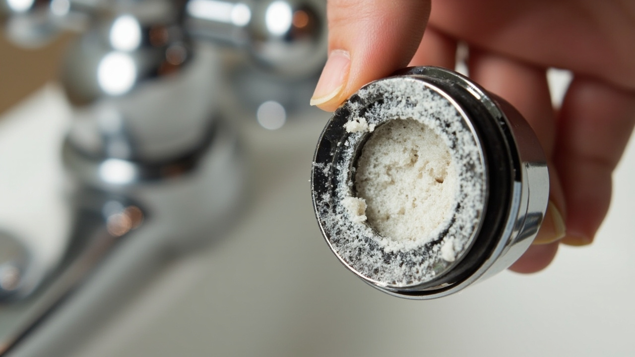close-up of a chrome faucet aerator unscrewed with white mineral scale clogging the screen