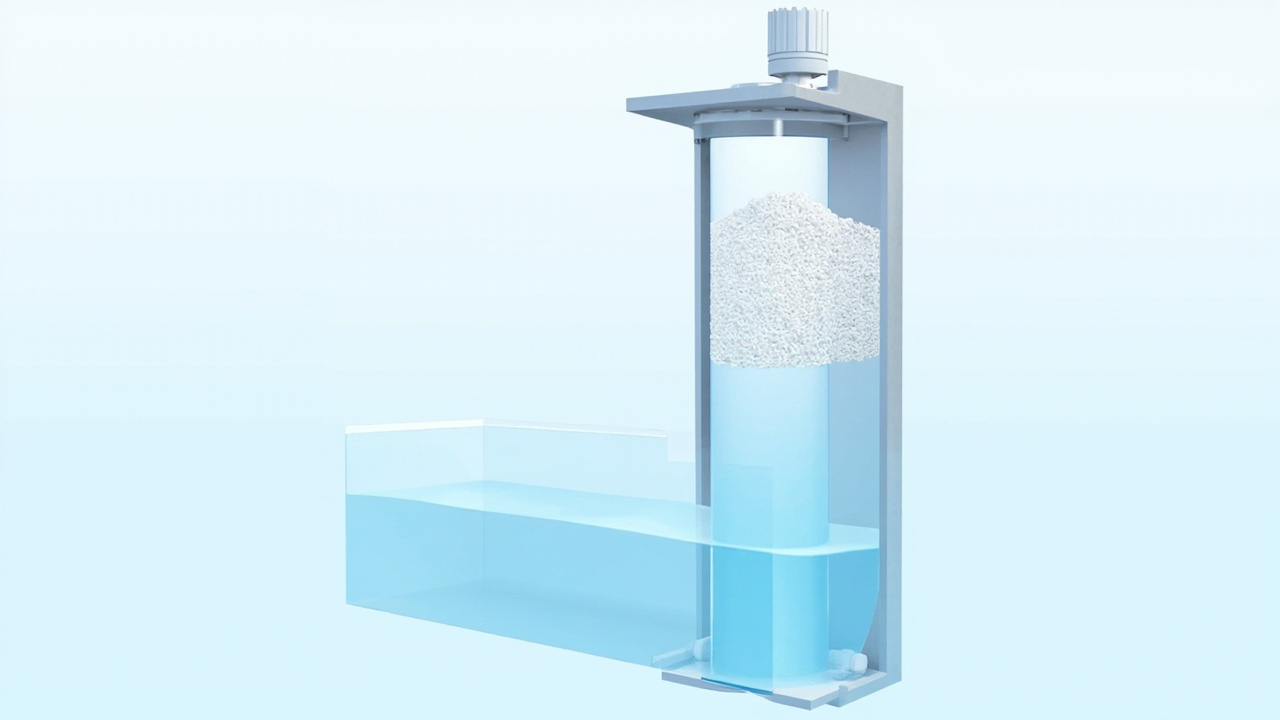 Cross-section of a healthy brine tank showing salt above a shallow brine pool with a float assembly