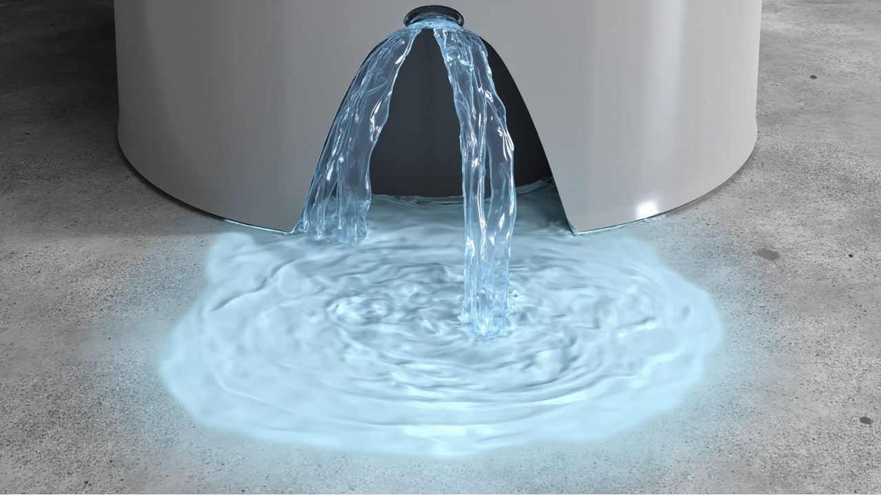 Water softener brine tank overflowing with water spilling onto the floor beside it