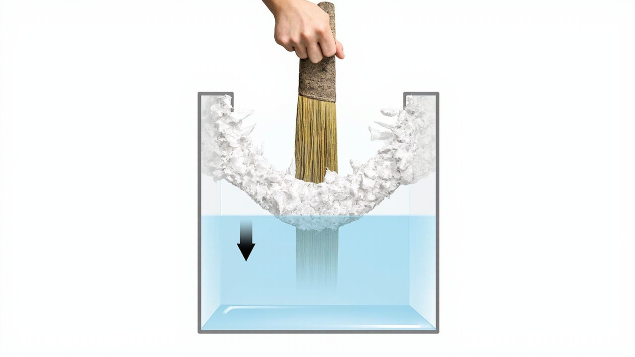 Wooden broom handle being pushed down through a hard salt crust in a brine tank to break a salt bridge