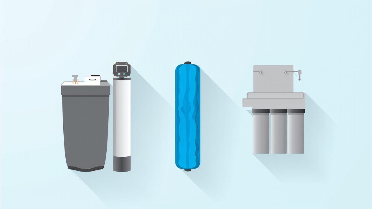 Side-by-side comparison of a salt-based water softener, a whole-house carbon filter, and an under-sink reverse osmosis unit