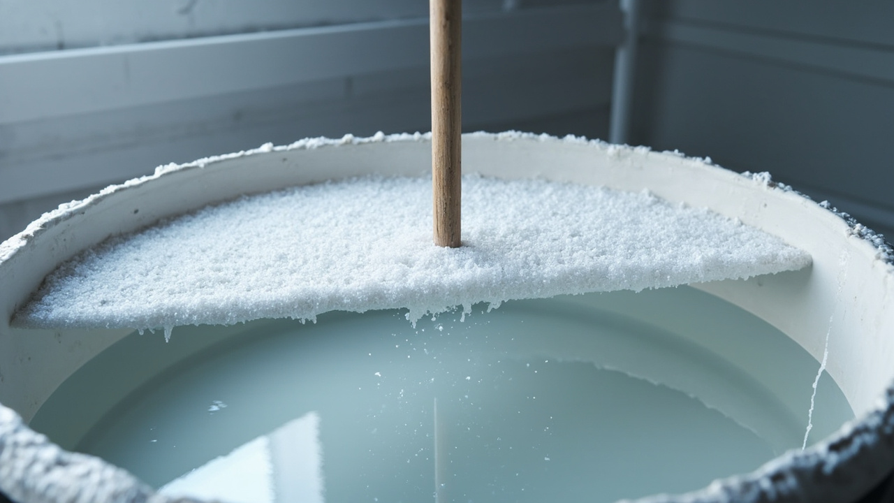 Hard salt crust bridge above brine water with a broom handle pressing through