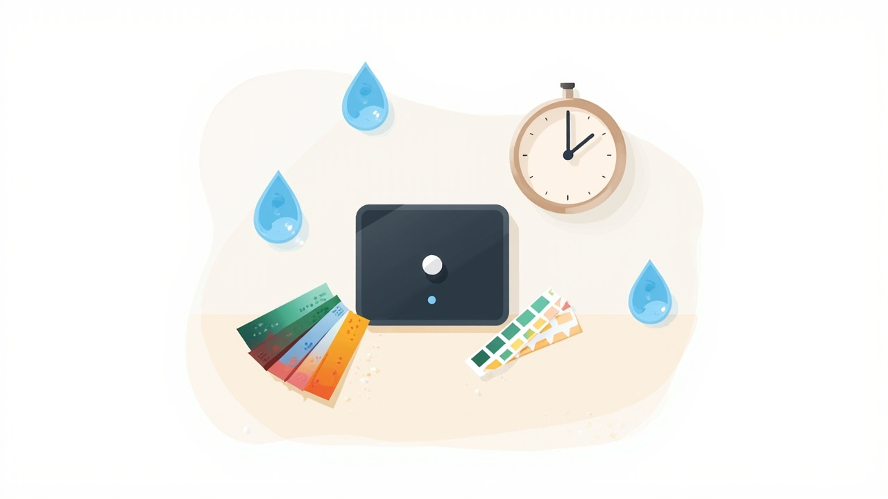 Blank softener control head, analog clock, and hardness test strip pads for settings checks