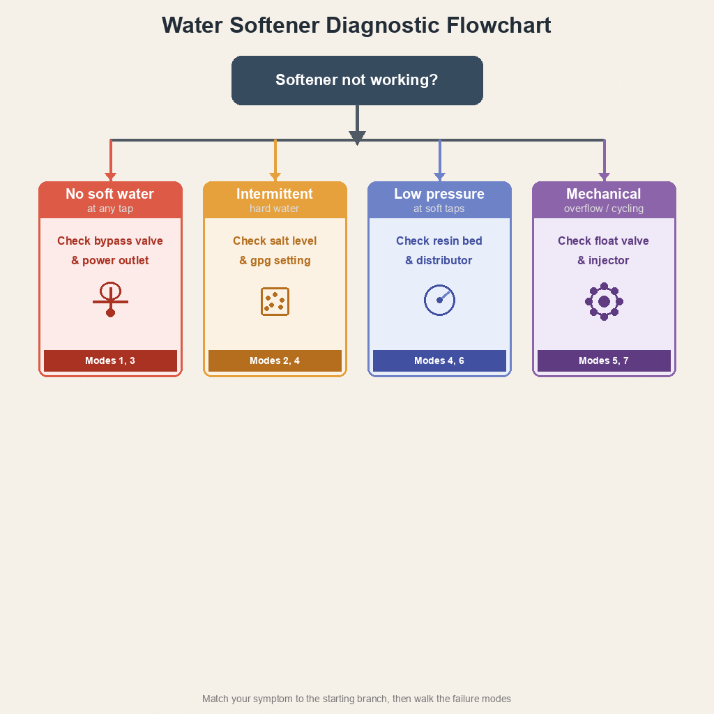 Water softener diagnostic flowchart with four symptom branches leading to failure modes