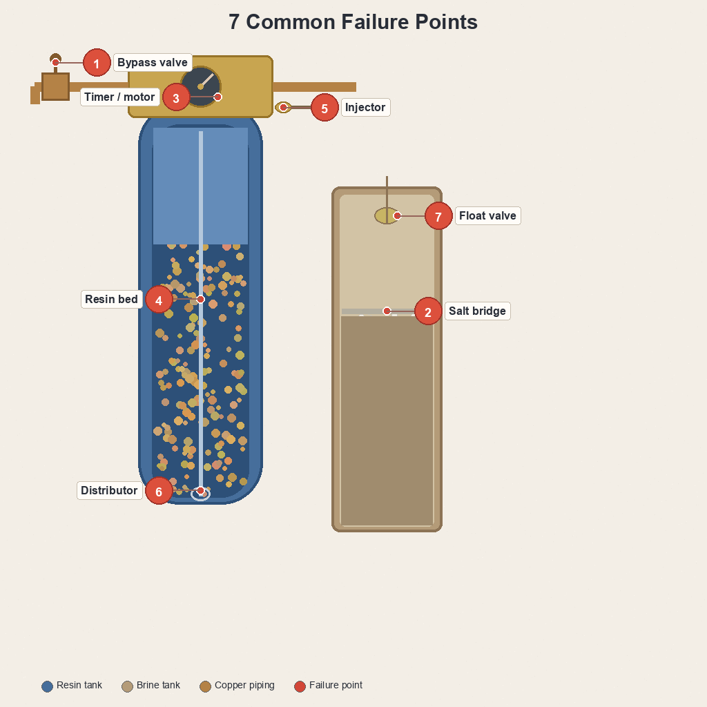 Annotated water softener cutaway diagram showing seven numbered failure points from bypass valve to float valve