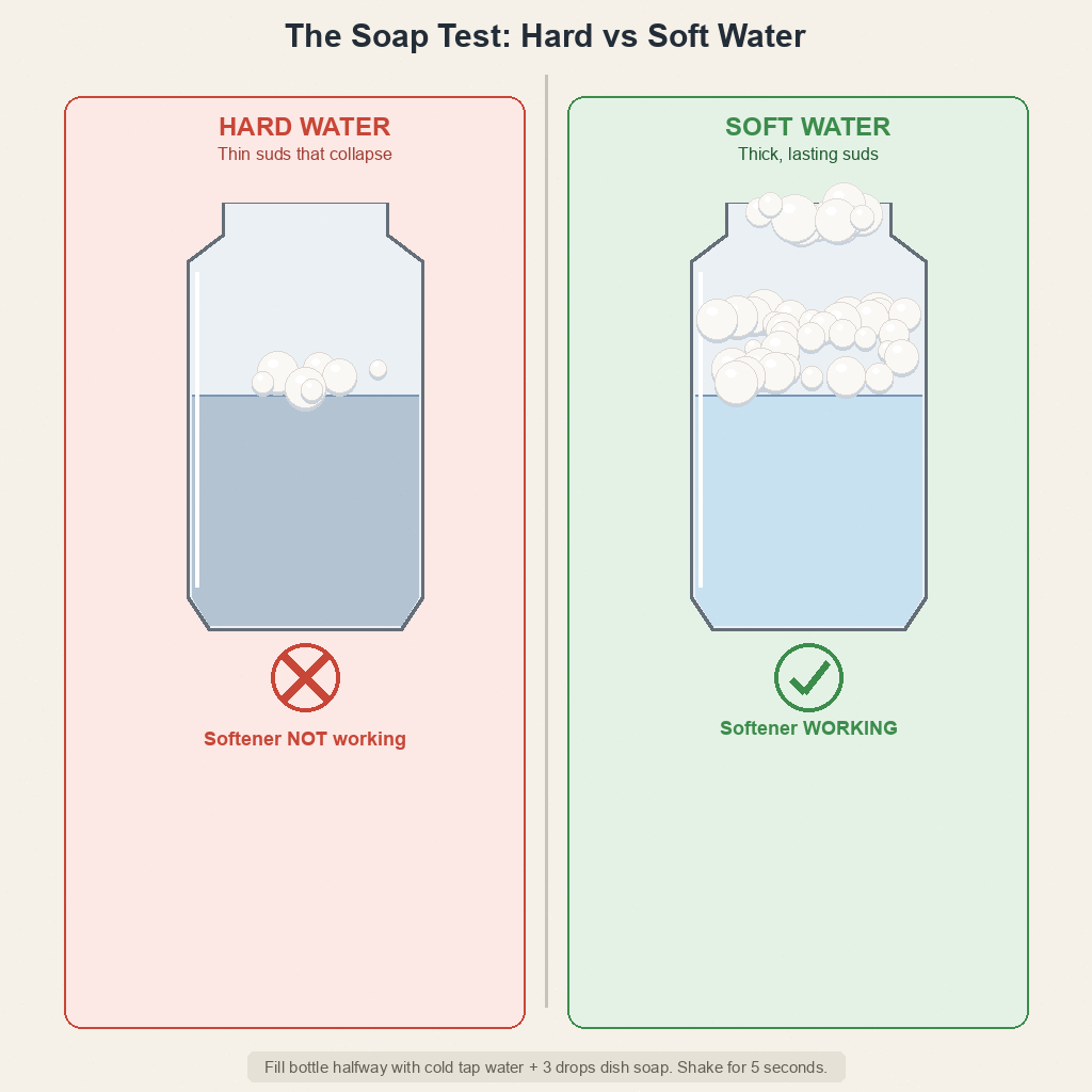 Side-by-side soap test comparison showing minimal suds in hard water versus abundant suds in soft water