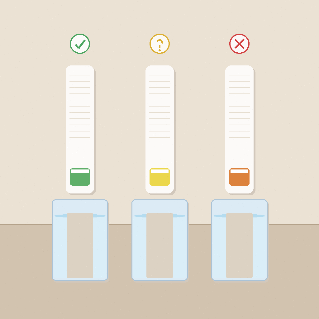 Three test strips showing post-regen hardness at 0 gpg, 3 gpg, and 7+ gpg with verdict labels "fine", "aging", and "replace"