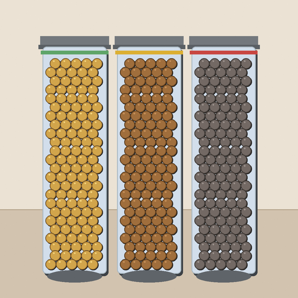 Cross-section of three resin states: fresh golden amber, mildly fouled brown, and exhausted gray with severity color bands