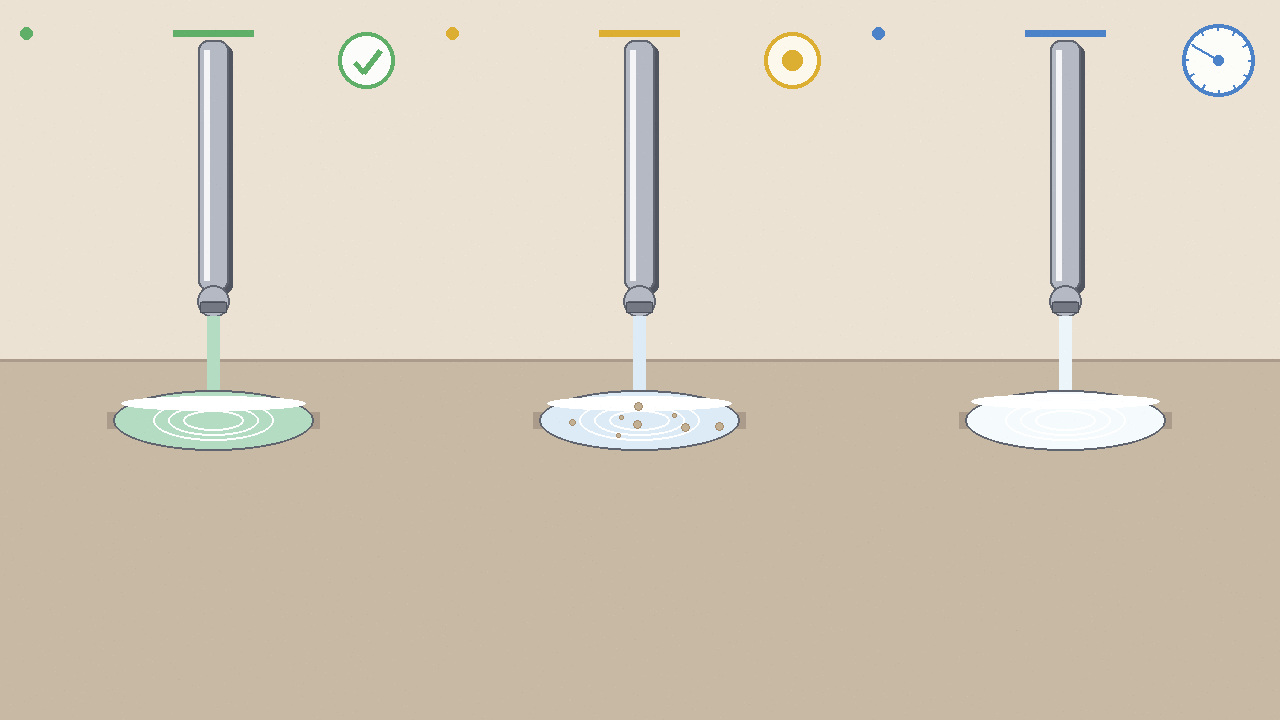 Three faucets compared: softener (green water), carbon filter (clear with specks), reverse osmosis (ultra-clear dial)