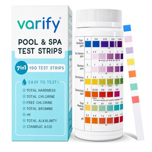 Varify 7-in-1 Pool Test Strips (150 Strips) — pH, Alkalinity, Hardness, Chlorine, Bromine, CYA