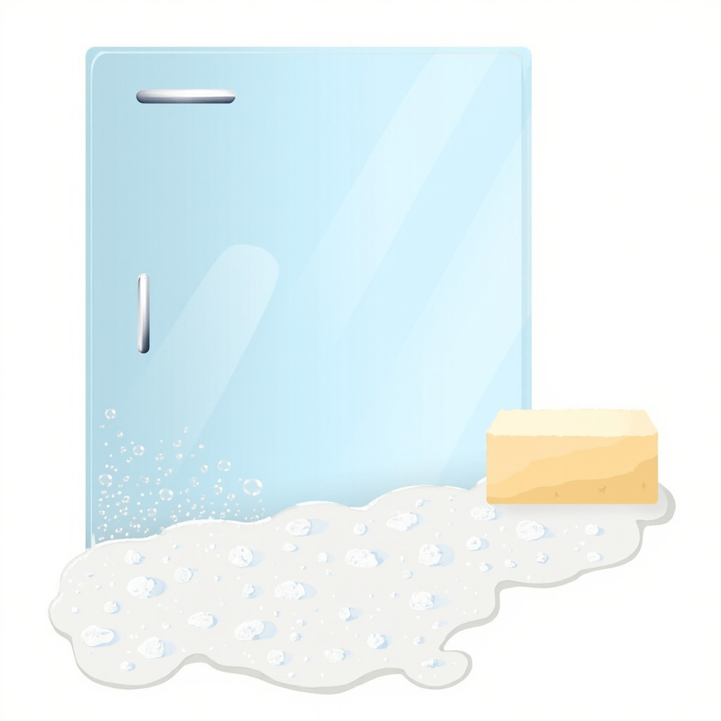 white chalky soap scum and hard water spots on a glass shower door