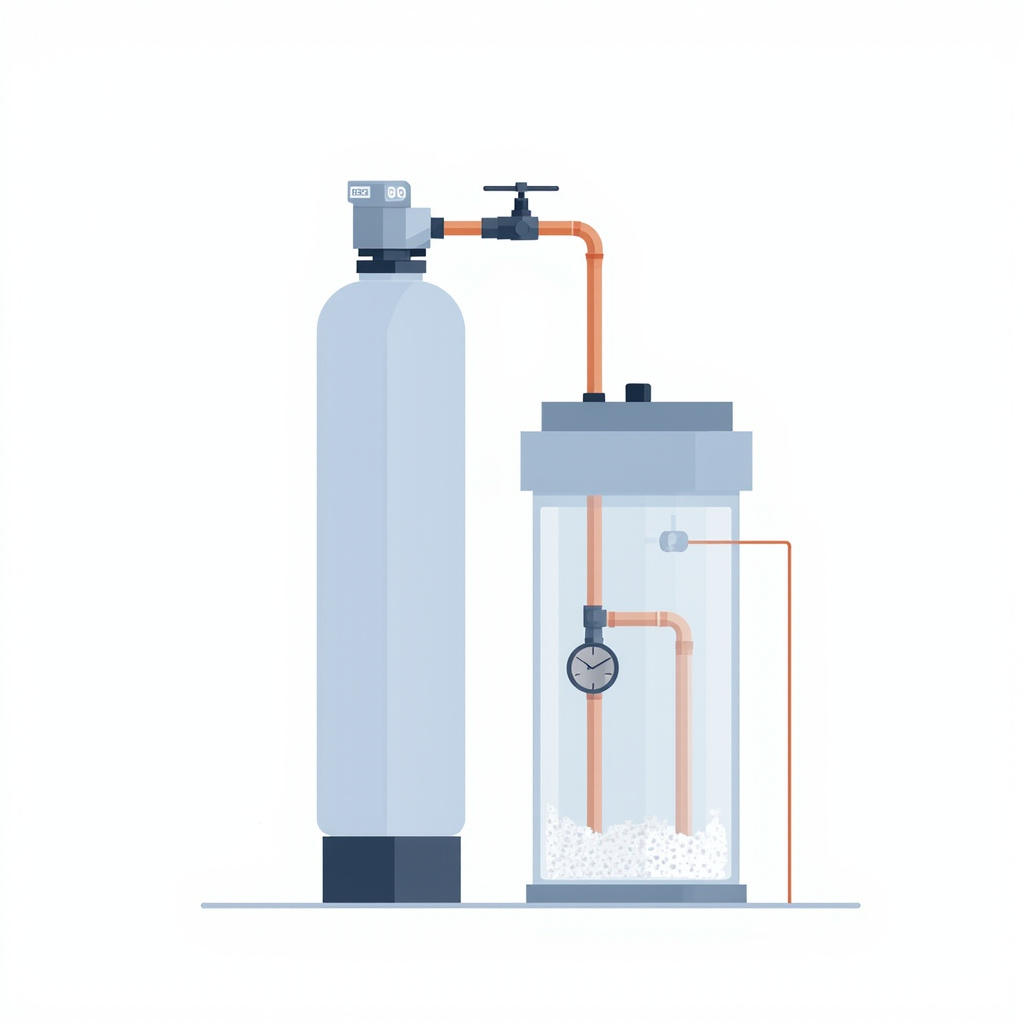 whole-house water softener system with resin tank brine tank and copper pipes