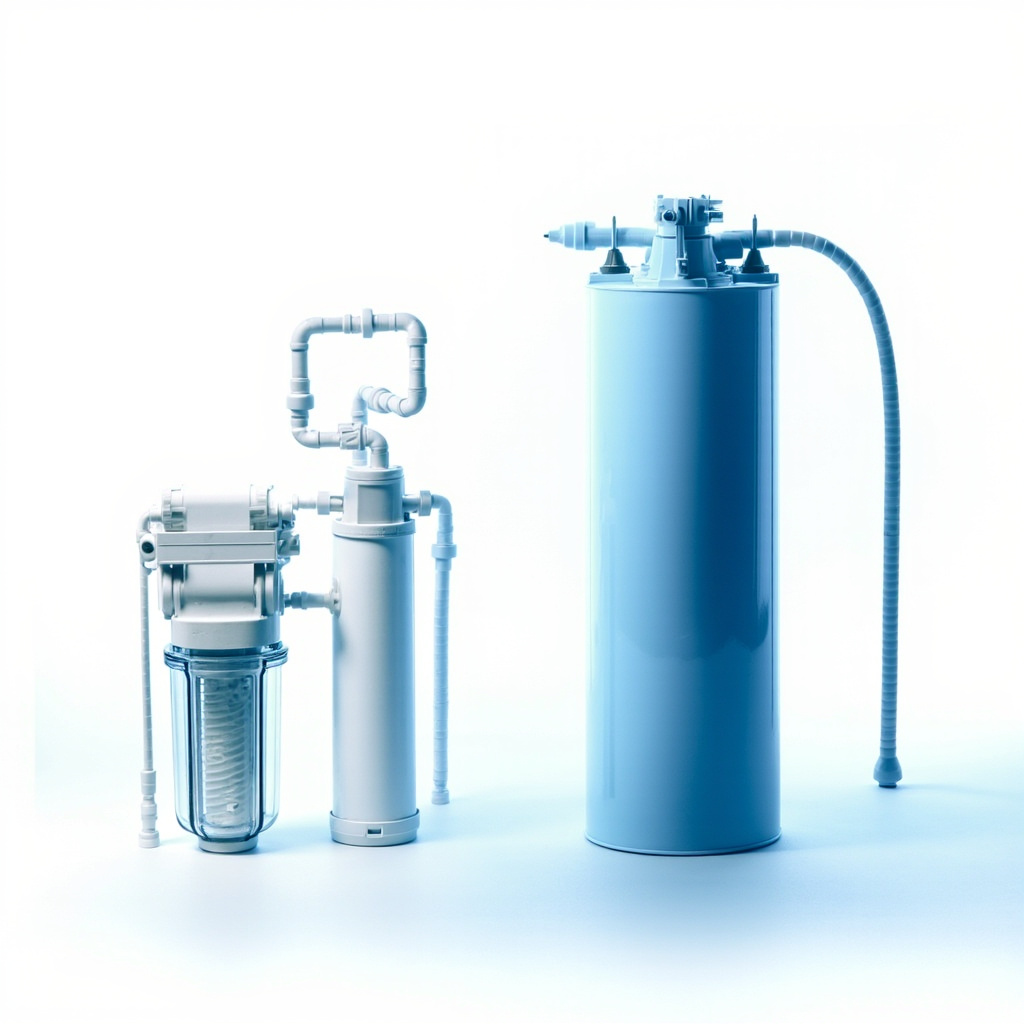 side-by-side comparison of under-sink reverse osmosis unit and whole-house water softener