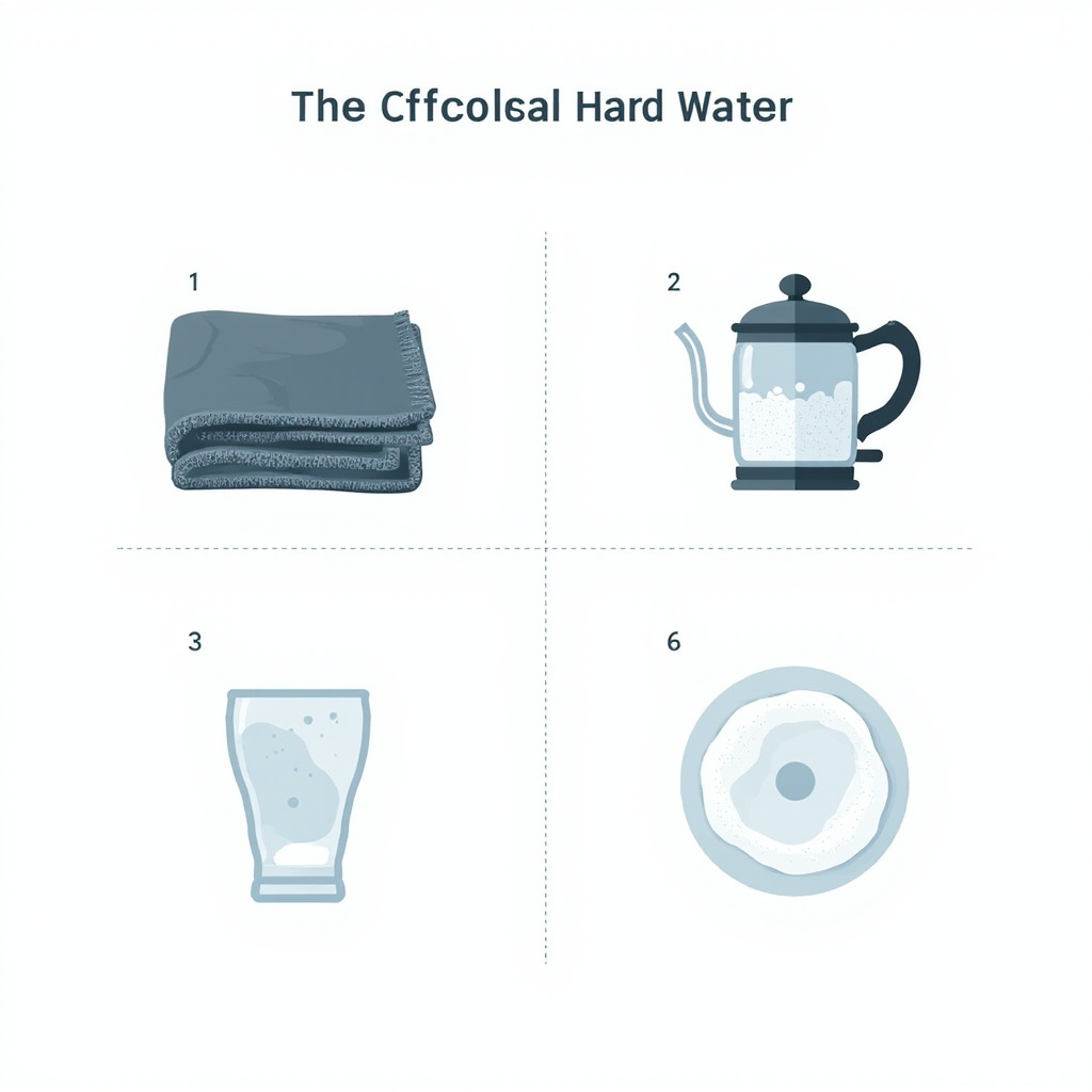 four hard water effects: stiff laundry scale in kettle spotted glass and soap scum