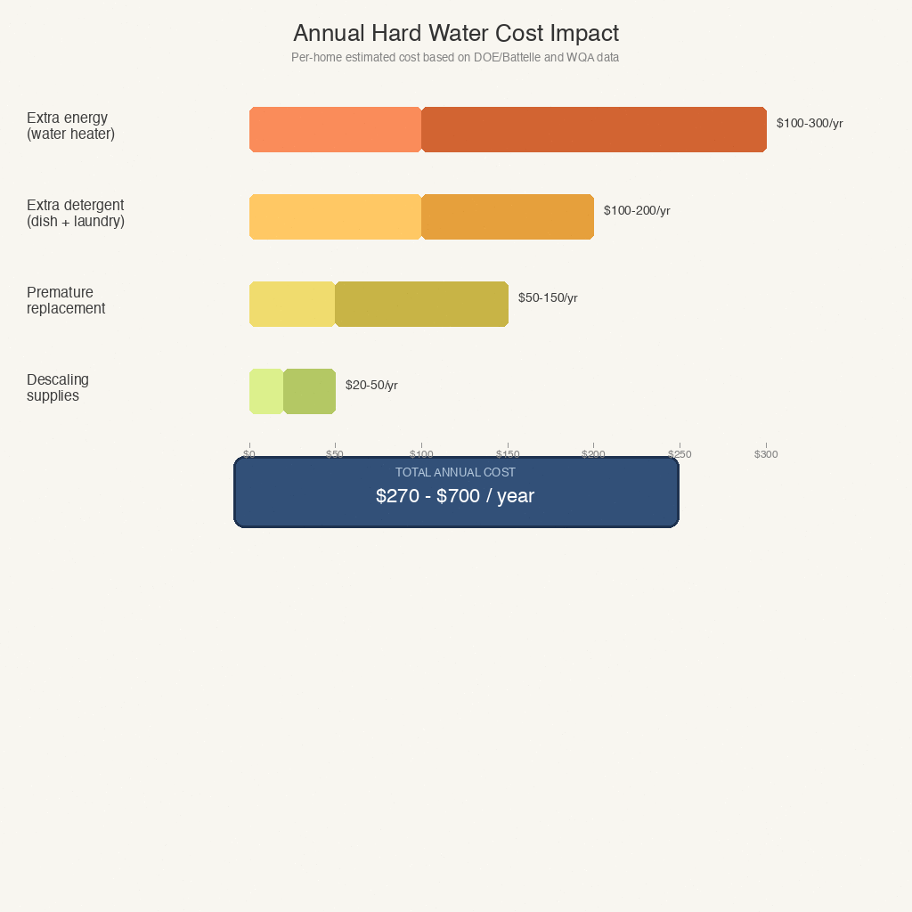 bar chart of annual hard water costs from 270 to 700 dollars across four categories