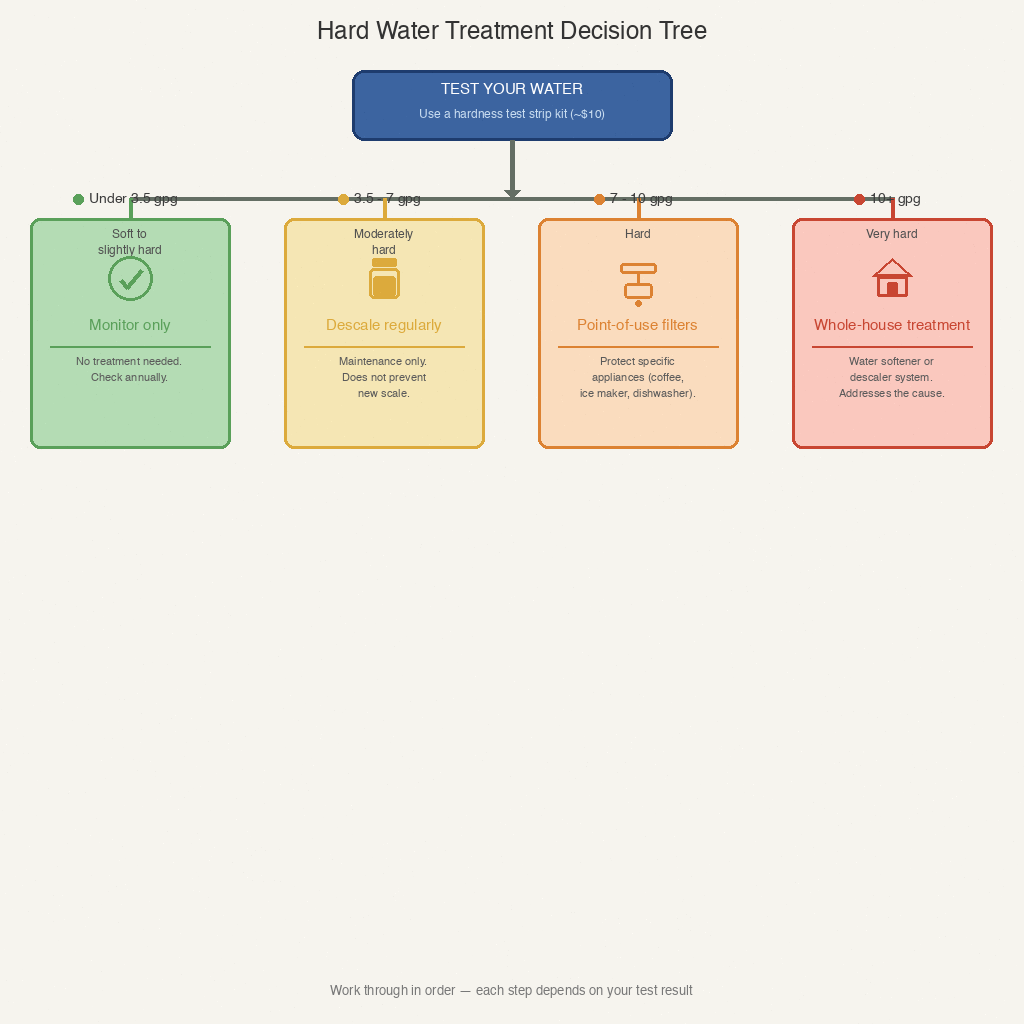 four-branch decision tree flowchart for hard water treatment from testing to whole-house softener based on gpg hardness level