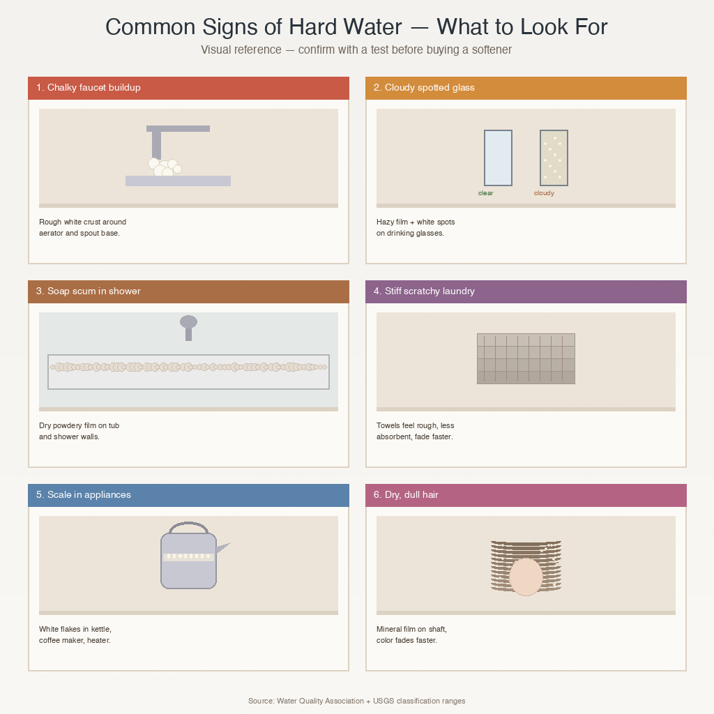 Six-panel infographic of hard water signs: faucet scale, cloudy glass, soap scum, stiff laundry, appliance scale, dull hair
