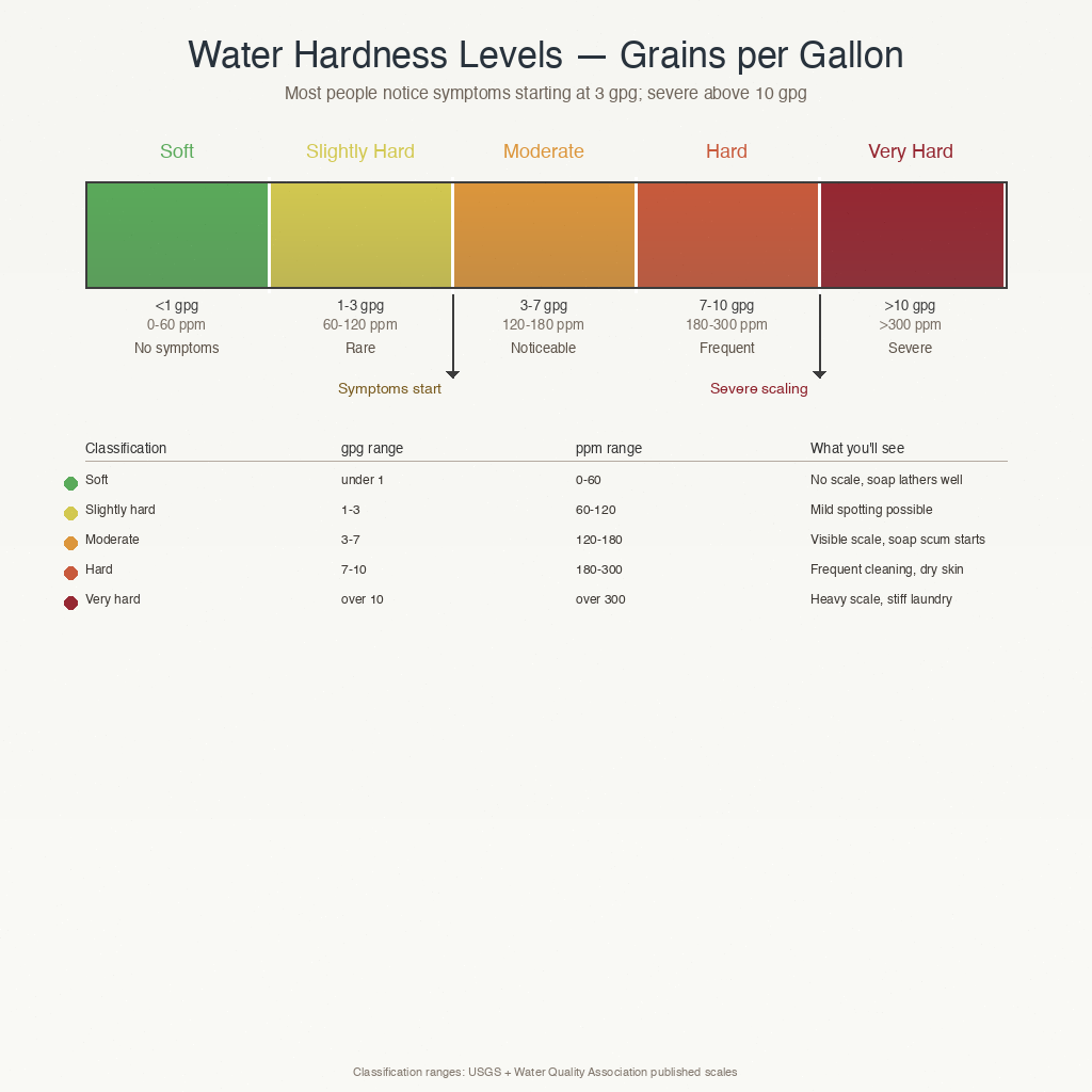color-coded water hardness level chart showing gpg and ppm ranges from soft to very hard with symptom thresholds