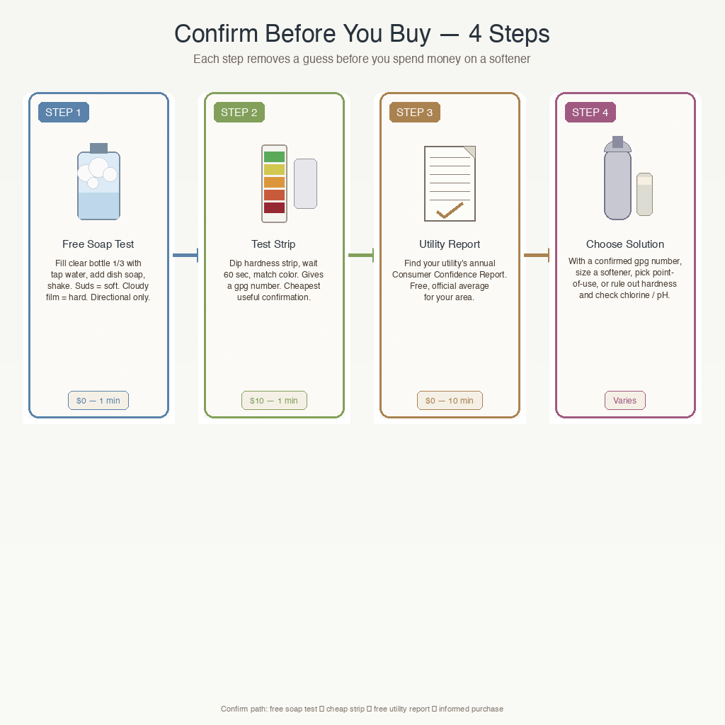 four-step confirm path flowchart: free soap test then hardness test strip then utility report then choose a solution