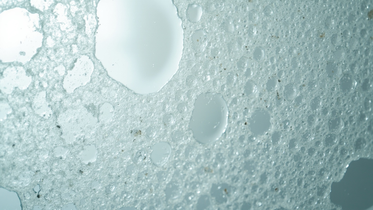 Close-up of a glass shower door with white chalky water spots and soap scum residue