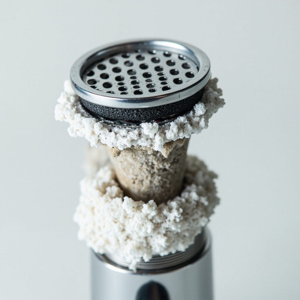 Close-up of a faucet aerator with white mineral crust buildup
