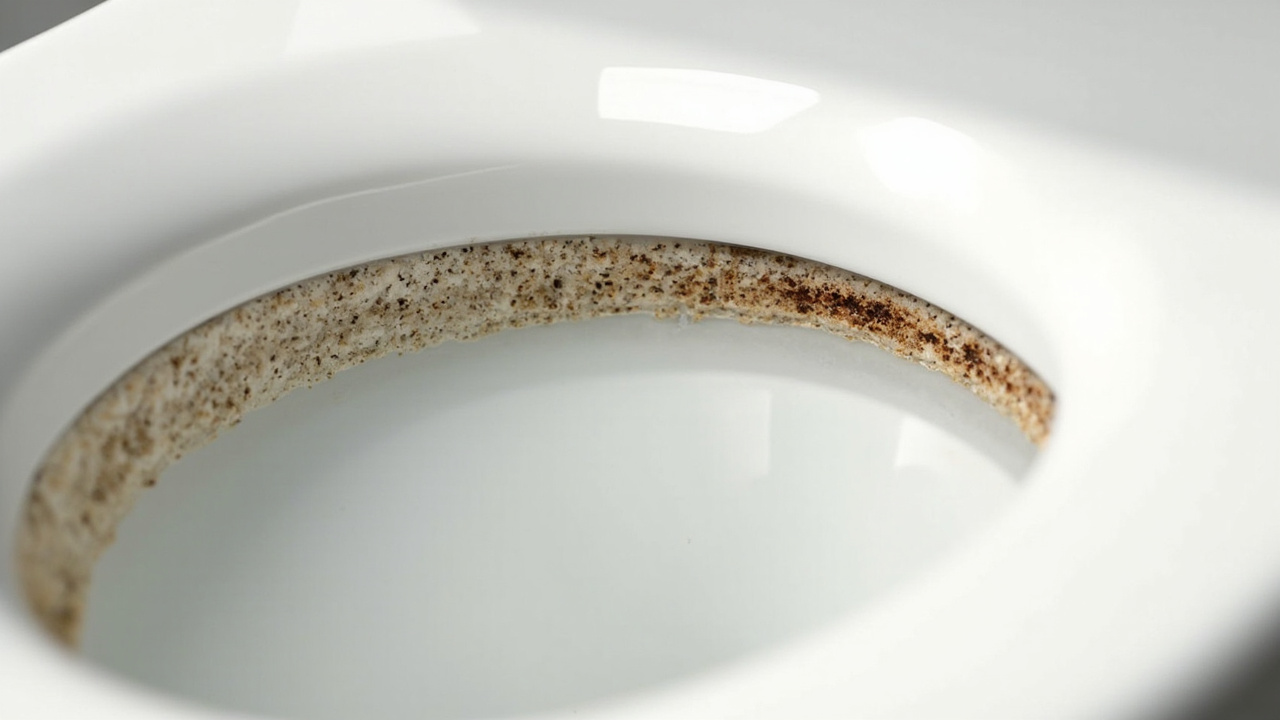 White mineral ring stain at the waterline inside a toilet bowl from hard water deposits