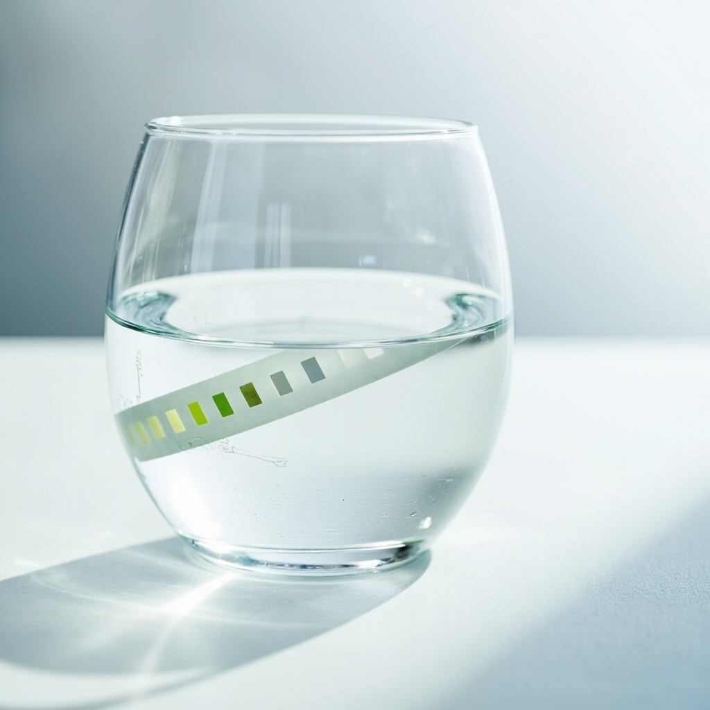 A water hardness test strip being dipped into a clear glass of water