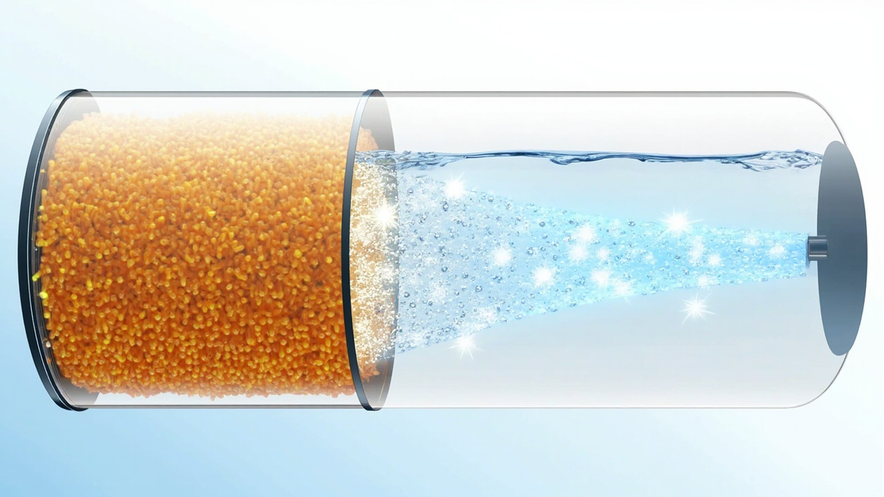 cross-section of a water softener mineral tank filled with resin beads showing ion exchange in progress