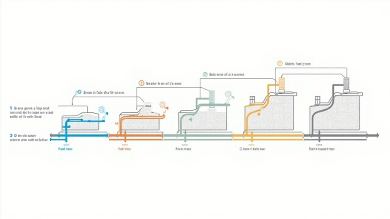 five-stage regeneration cycle diagram showing backwash, brine draw, rinse and refill flow paths