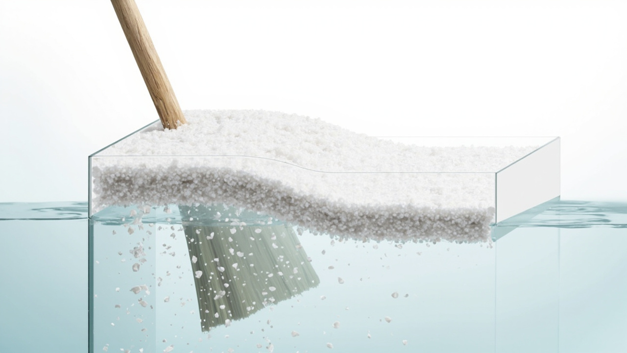 salt bridge crust inside a brine tank being broken up with a broom handle