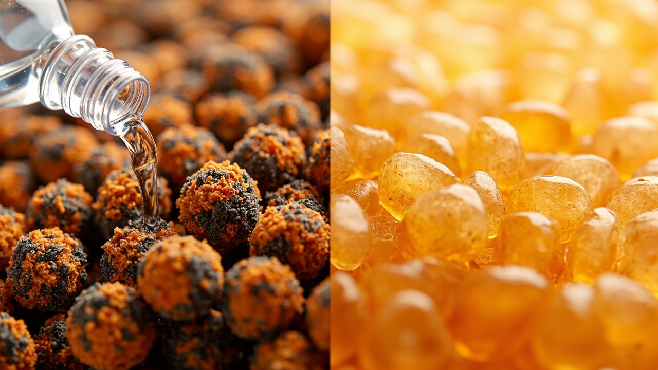 close-up of resin beads comparing iron-fouled orange beads with clean amber beads and a bottle of resin cleaner