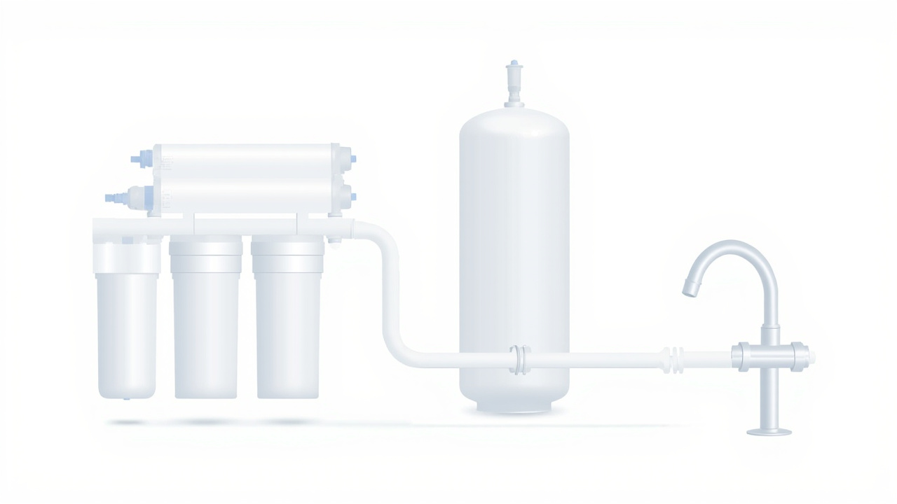 cutaway diagram of an under-sink RO system showing filter stages, membrane, tank, and faucet