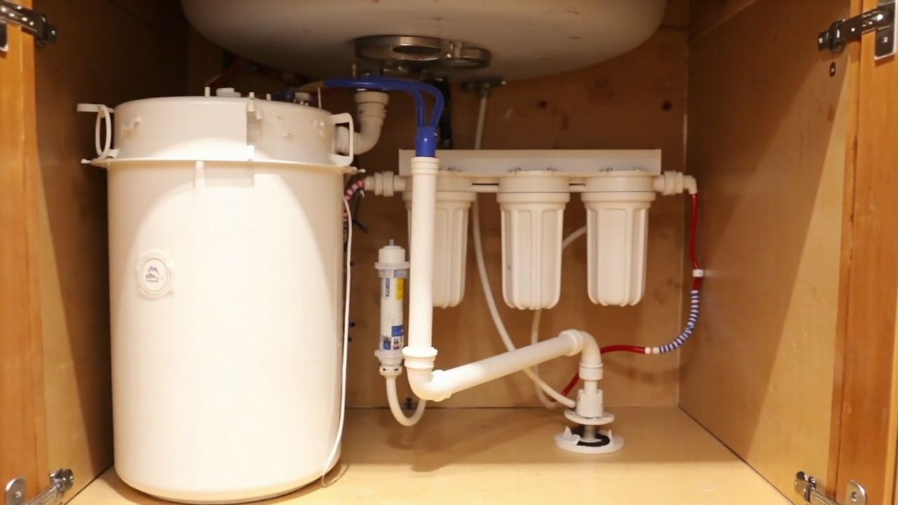 underside of a kitchen sink showing a 4-gallon pressurized RO tank next to a sediment housing and dedicated faucet plumbing