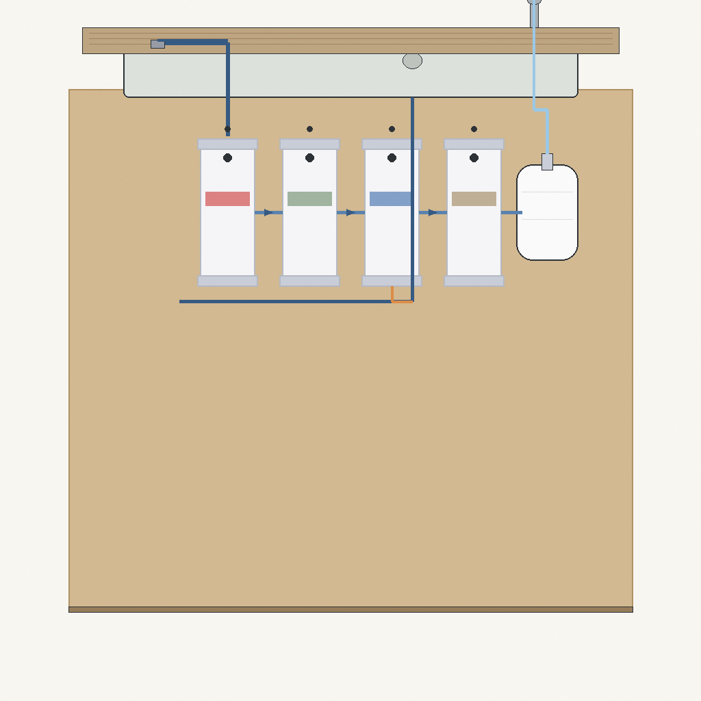 under-sink reverse osmosis system with multiple filtration stages feeding a dedicated drinking faucet