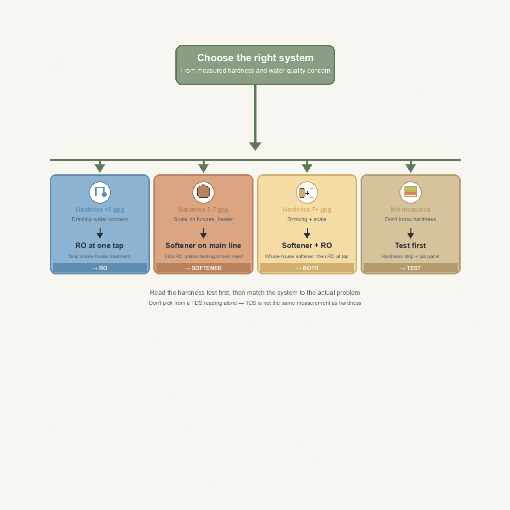 decision tree showing which system to pick based on measured hardness and water-quality concern