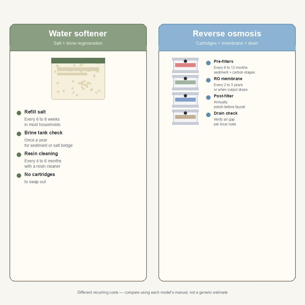 maintenance and ownership cost comparison: salt refills versus RO cartridges on a multi-month replacement schedule
