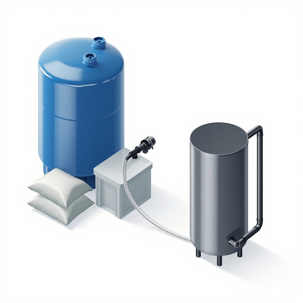 two complete water treatment systems compared: salt-based with brine tank and salt bags vs salt-free single tank