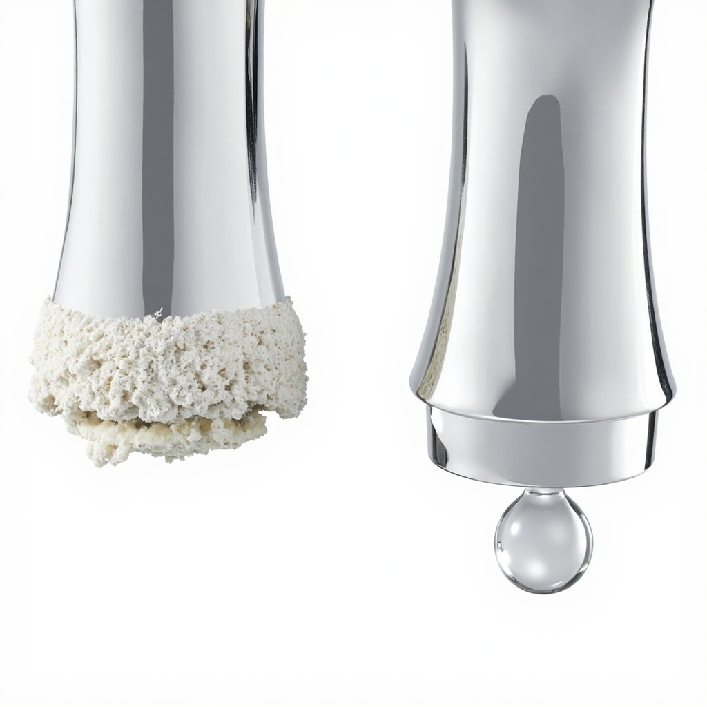 chrome faucet covered in white scale crust next to a clean shiny faucet