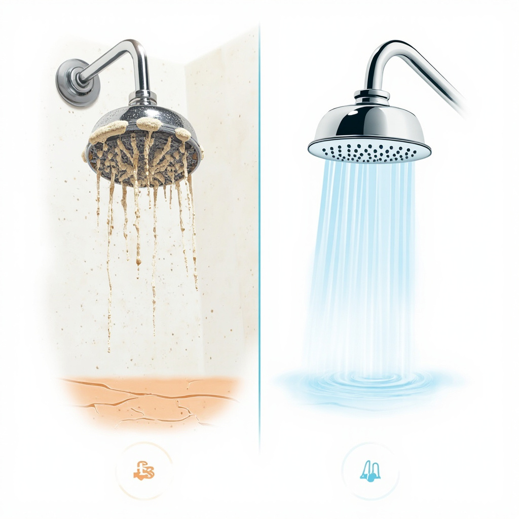 scaled showerhead with dry skin vs clean showerhead with smooth skin showing hard and soft water effects