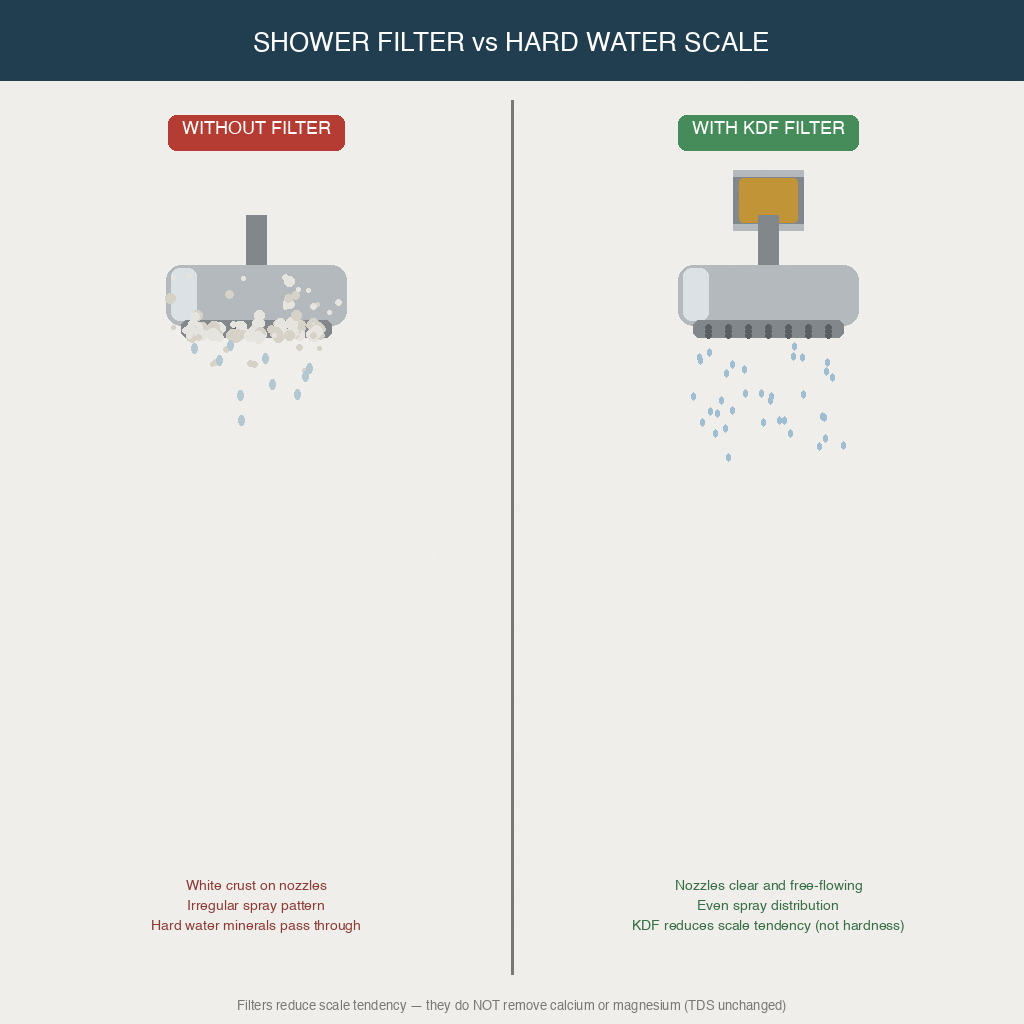 before and after comparison of a scaled shower head without a filter versus a clean shower head with a KDF filter attached