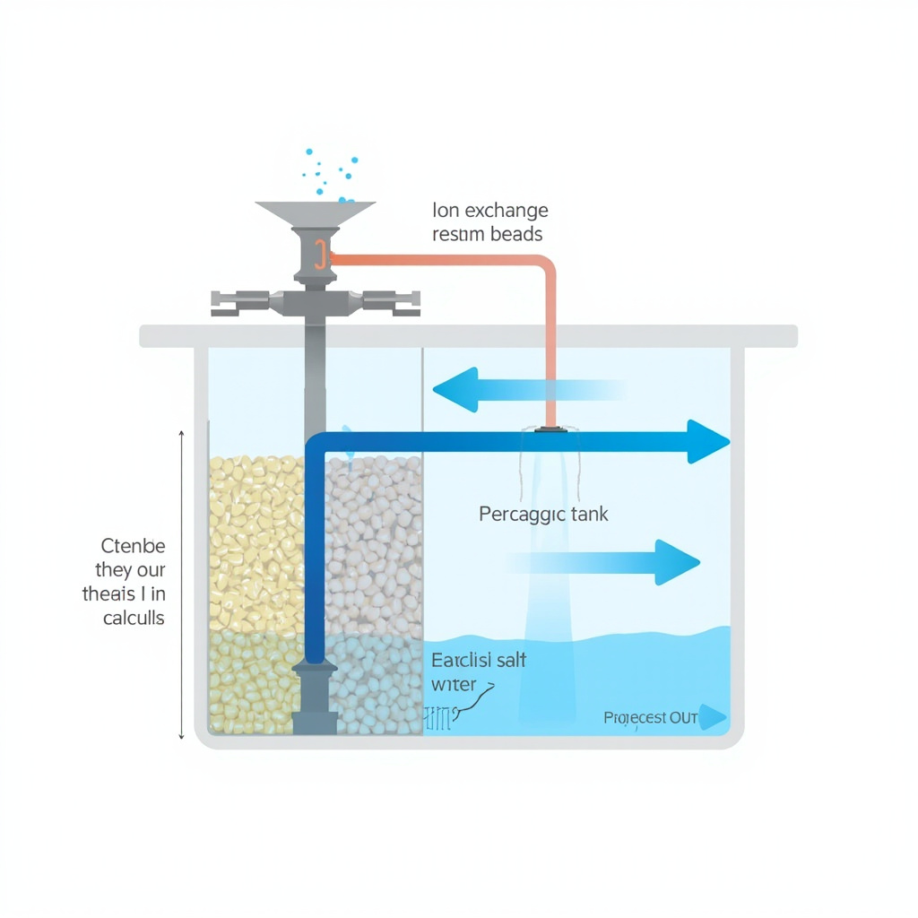 cross-section of a water softener tank showing resin beads and brine salt