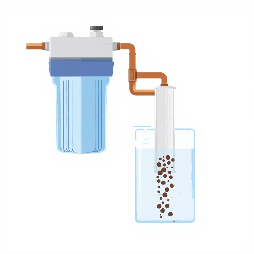 whole-house filter housing with sediment carbon cartridge catching particles
