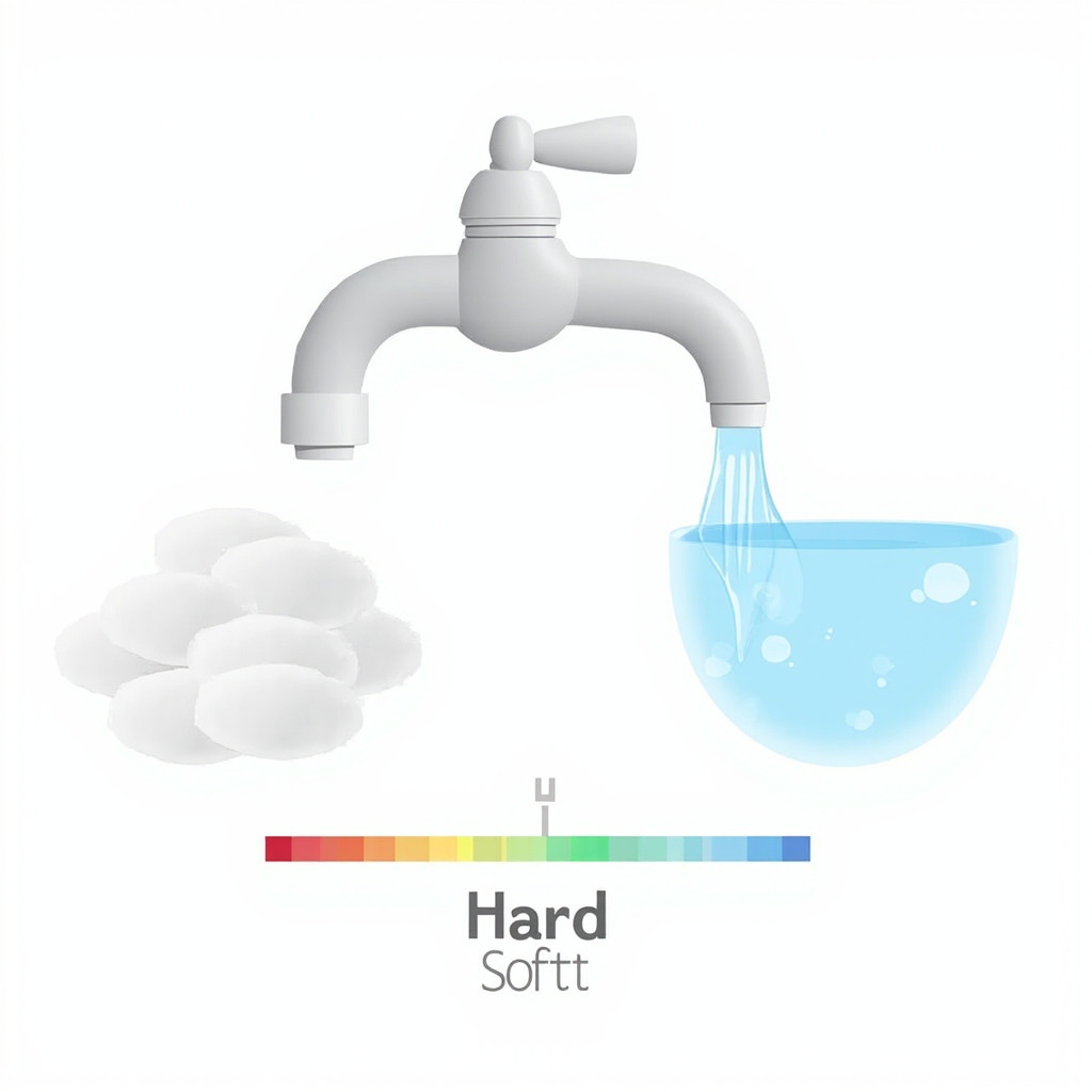 bathroom faucet with white scale buildup versus clean clear water and test strip