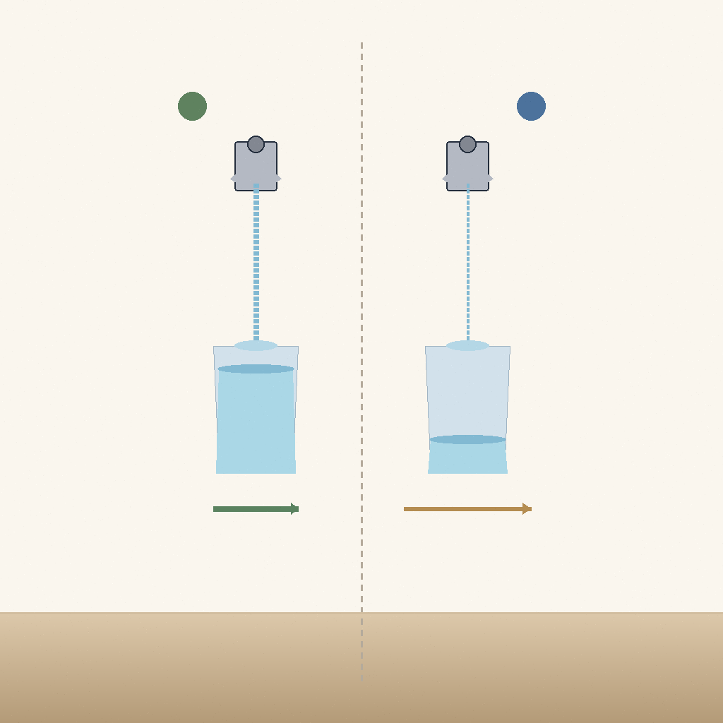 side-by-side glass fill: left glass filling faster (tank RO at higher GPM), right glass filling slower (tankless RO at lower GPM)