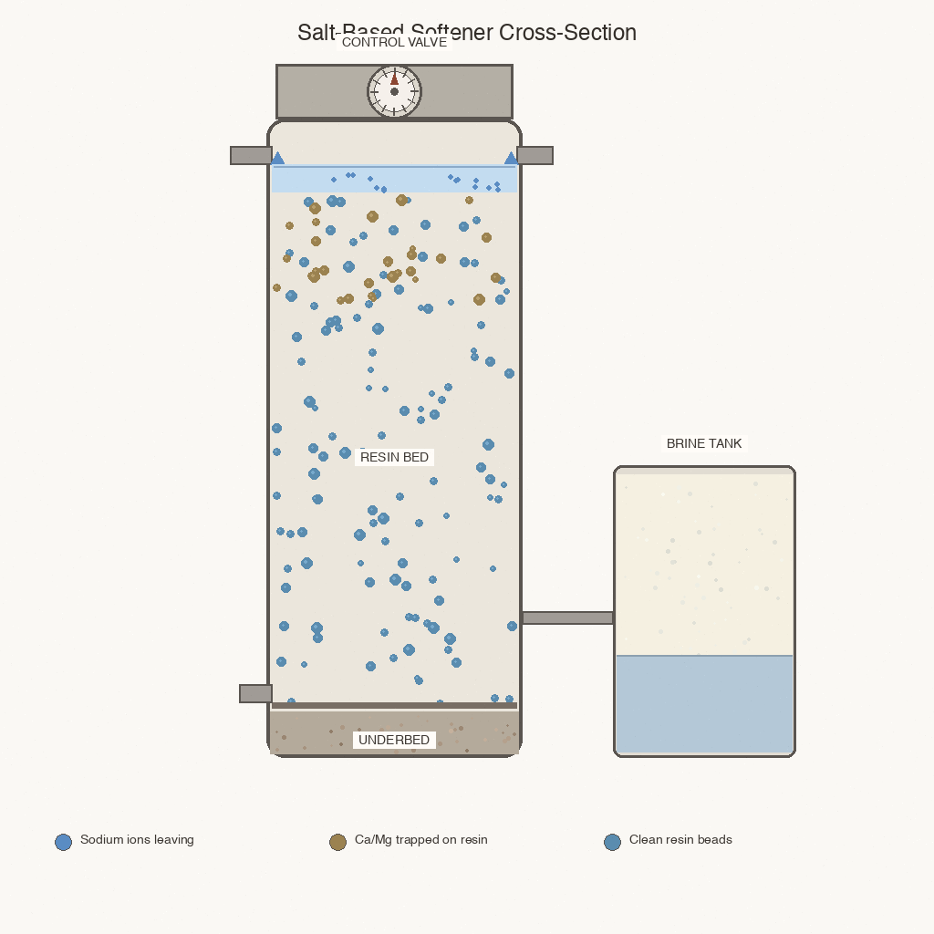 cross-section diagram of a salt-based softener tank showing resin beads, brine tank, and control head