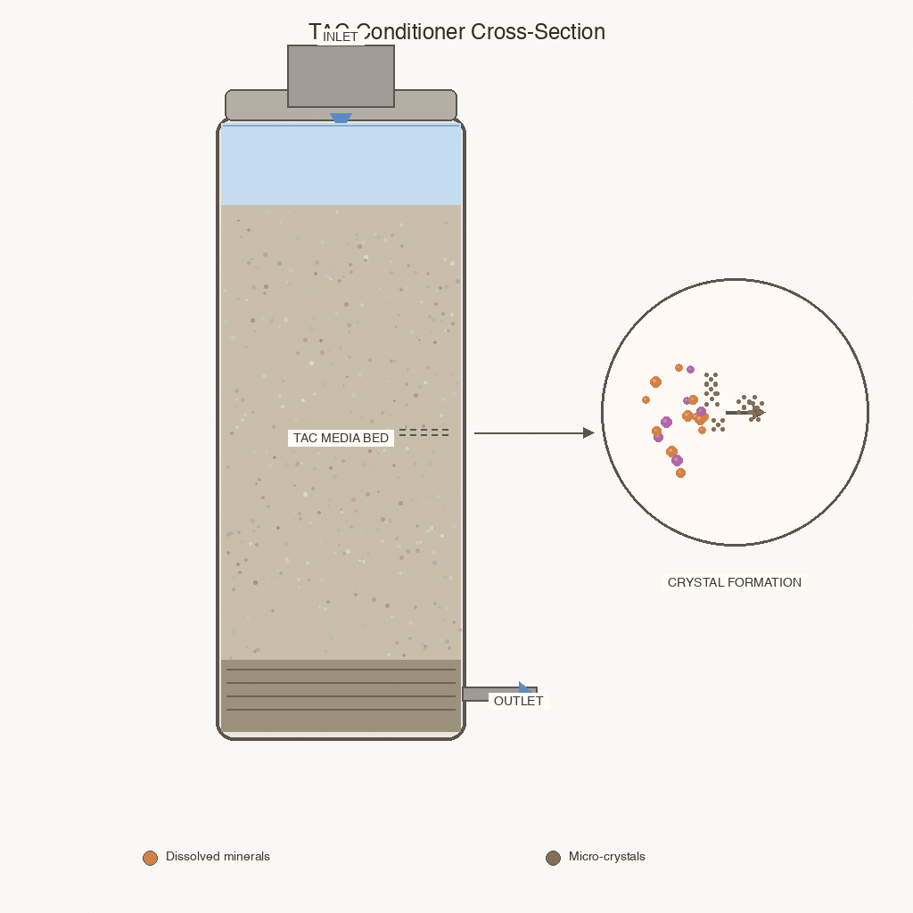 TAC media bed diagram showing dissolved calcium and magnesium being converted into microscopic crystals that stay suspended