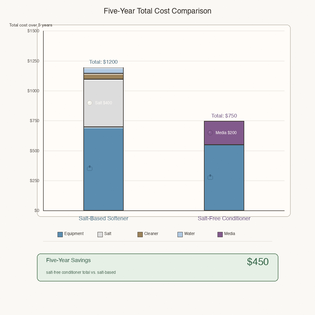 five-year cost comparison chart showing salt-based recurring salt cost versus salt-free one-time media replacement