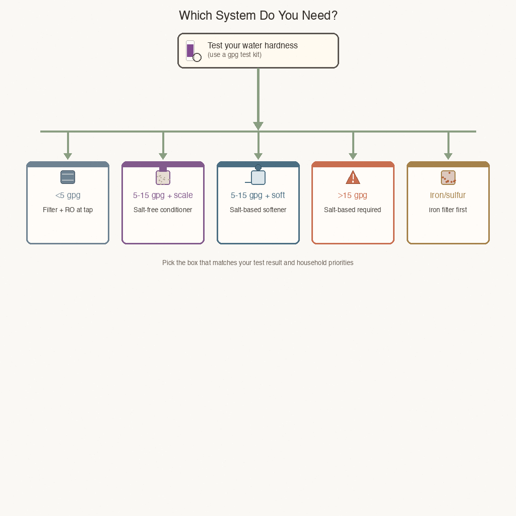 decision flow showing which household scenarios fit salt-based vs salt-free vs no-system-at-all