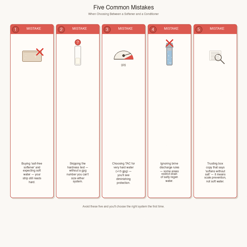 five common water-softener-vs-conditioner mistakes shown as panels with red X marks and short captions